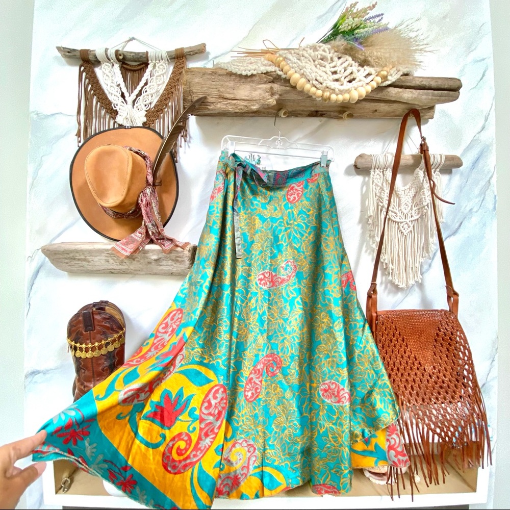 Vintage Teal and Yellow Paisley Midi Skirt